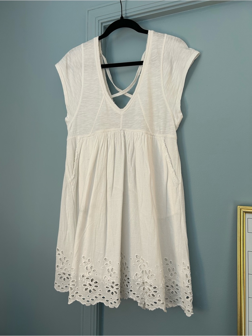 Anthropologie Daily Practice Cream Eyelet-Hem Mini Dress with Crisscross Back